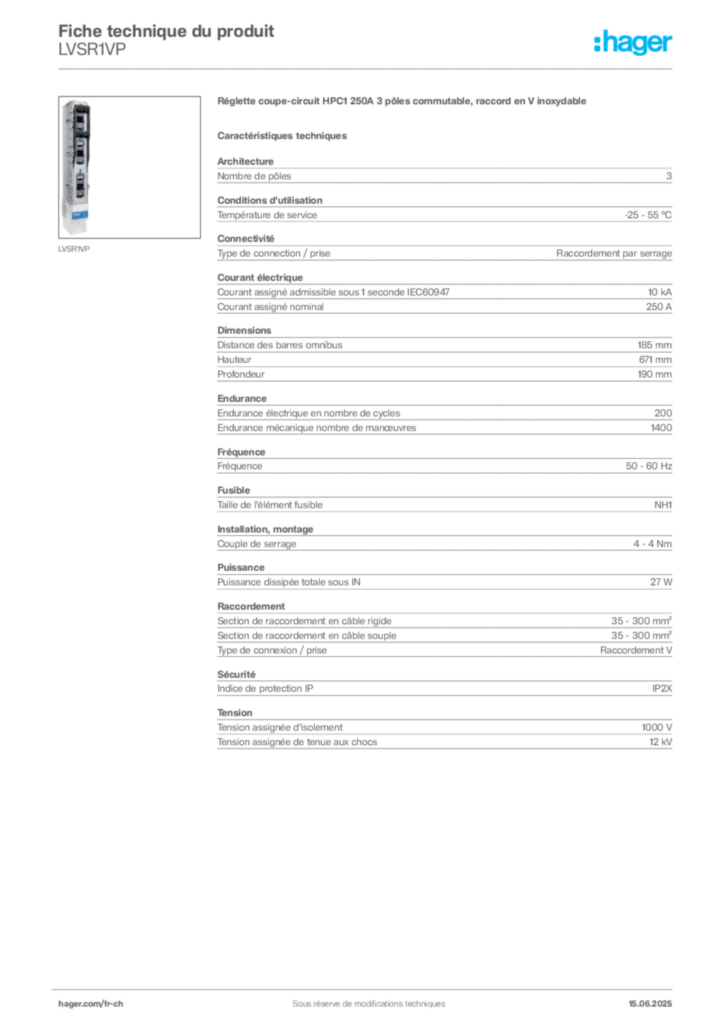 Image Hager Fiche technique du produit LVSR1VP | Hager Suisse