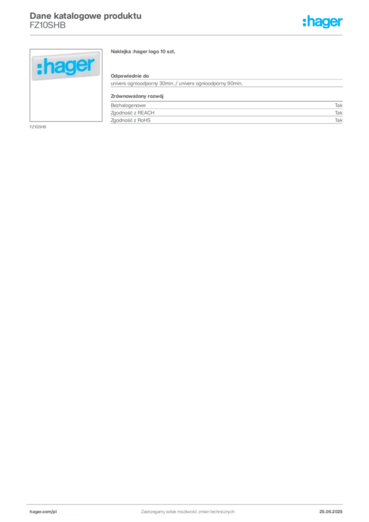 Zdjęcie Hager Dane katalogowe produktu FZ10SHB | Hager Polska
