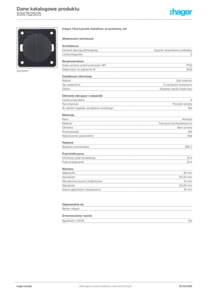 Zdjęcie Hager Dane katalogowe produktu 936752505 | Hager Polska