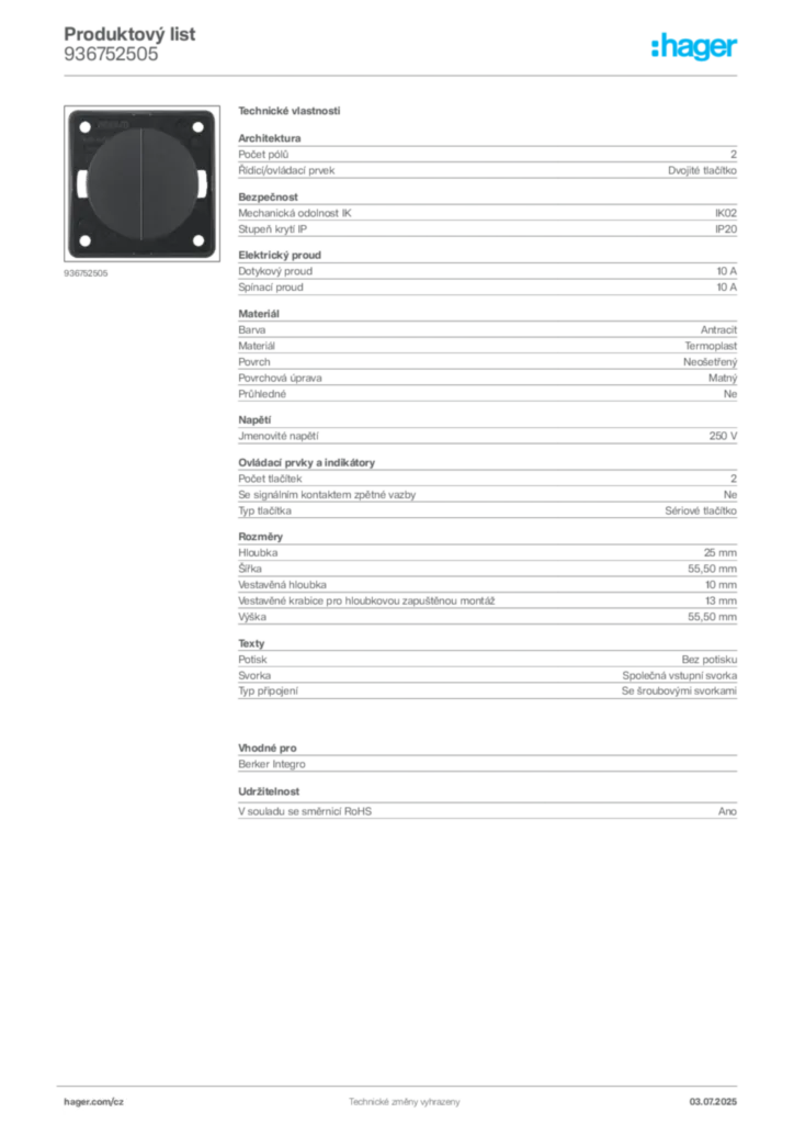 Obrázek Hager Produktový list 936752505 | Hager
