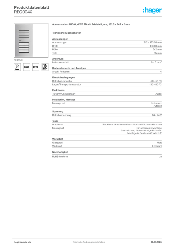 Bild Hager Produktdatenblatt REQ004X | Hager Schweiz