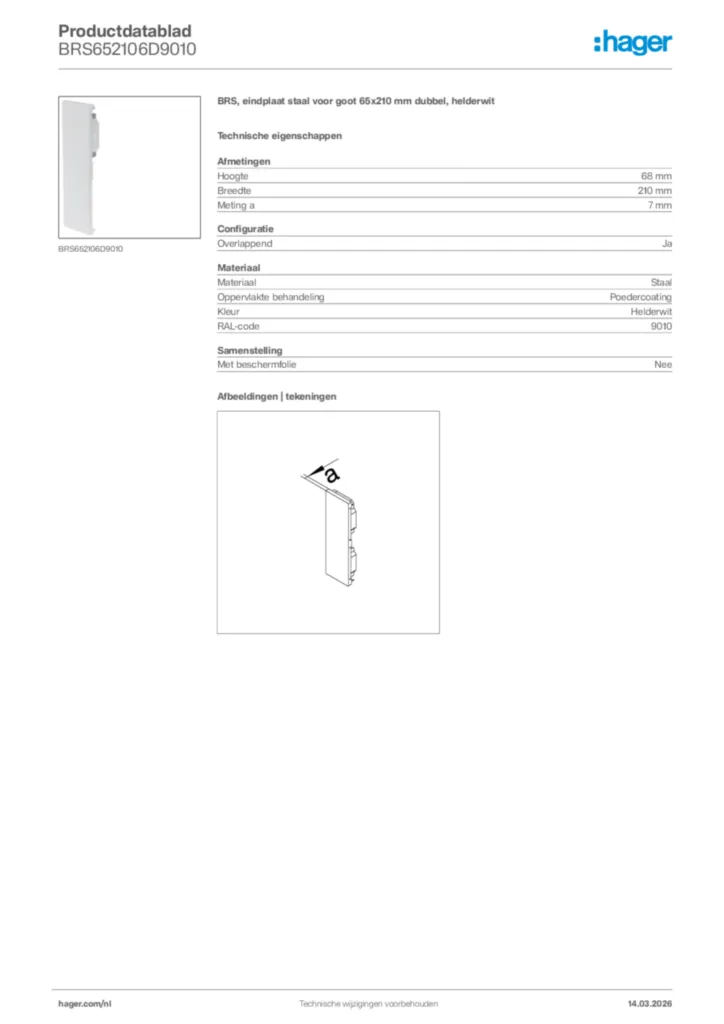 Afbeelding Hager Productdatablad BRS652106D9010 | Hager Nederland
