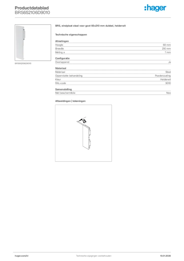 Afbeelding Hager Productdatablad BRS652106D9010 | Hager Nederland