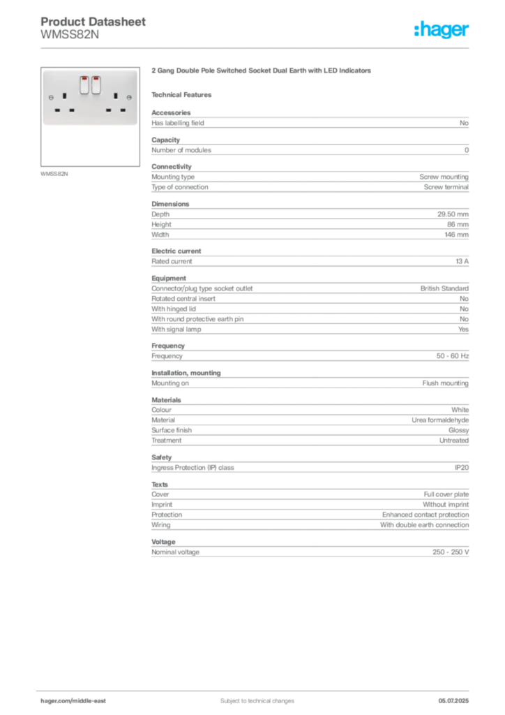 Image Hager Product data sheet WMSS82N  | Hager