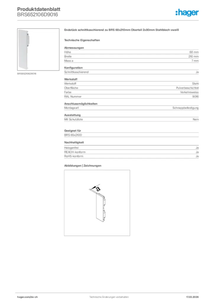 Bild Hager Produktdatenblatt BRS652106D9016 | Hager Schweiz