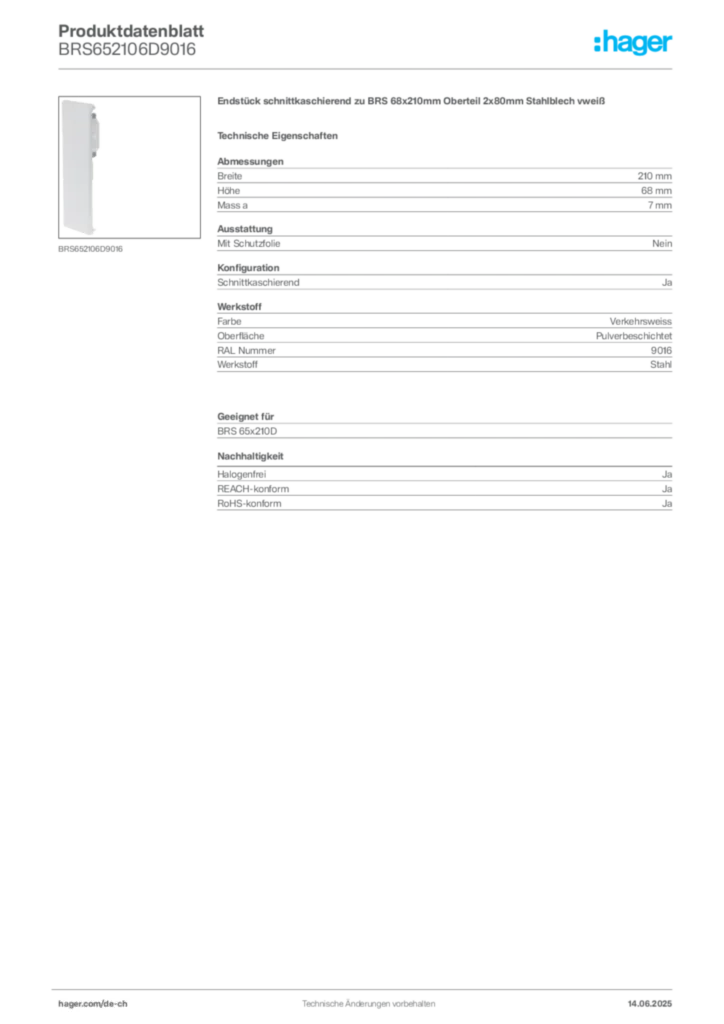 Bild Hager Produktdatenblatt BRS652106D9016 | Hager Schweiz