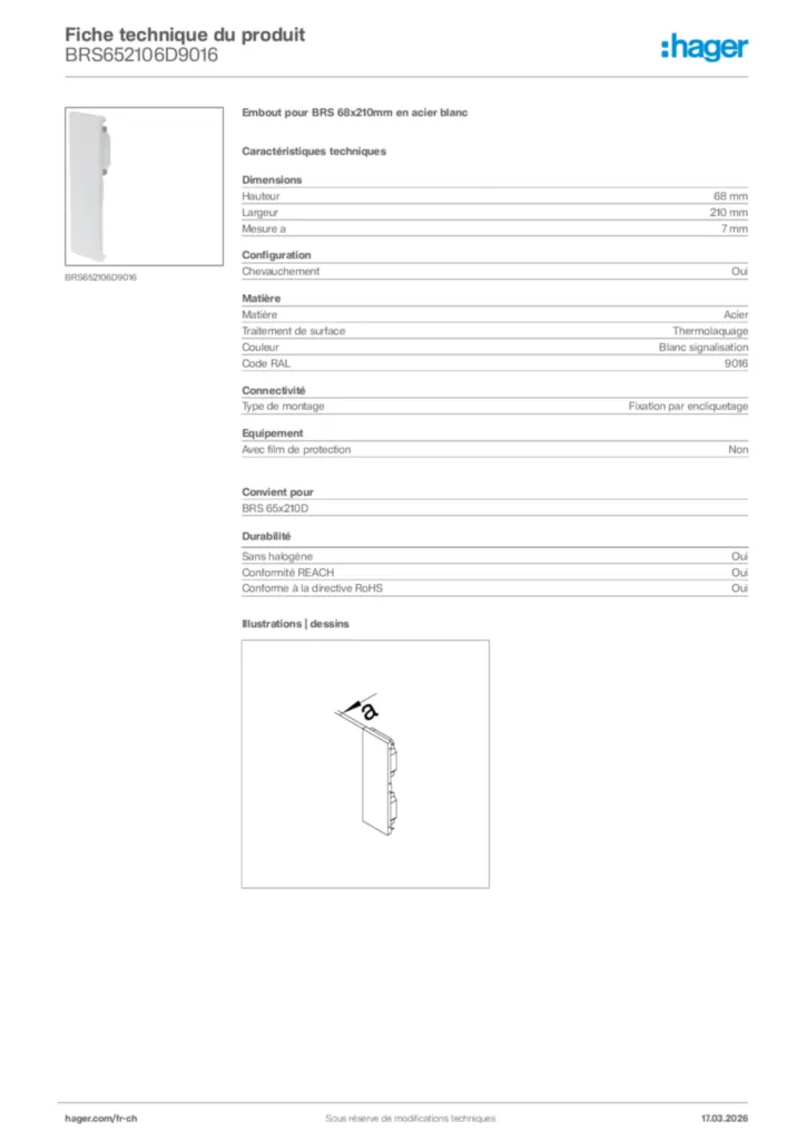 Image Hager Fiche technique du produit BRS652106D9016 | Hager Suisse