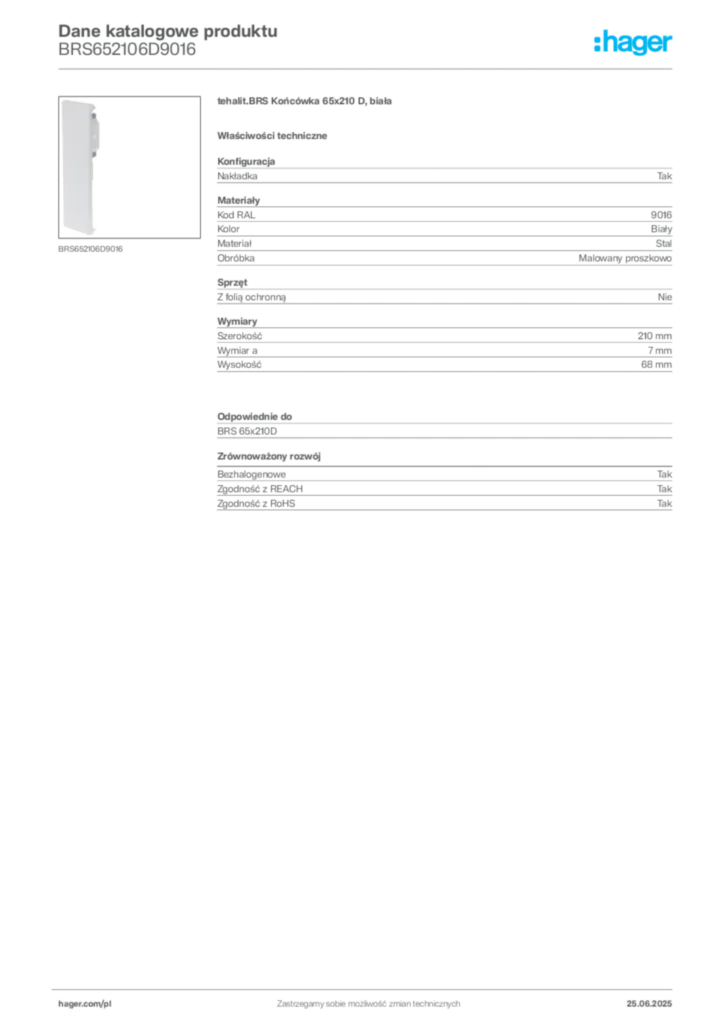 Zdjęcie Hager Dane katalogowe produktu BRS652106D9016 | Hager Polska