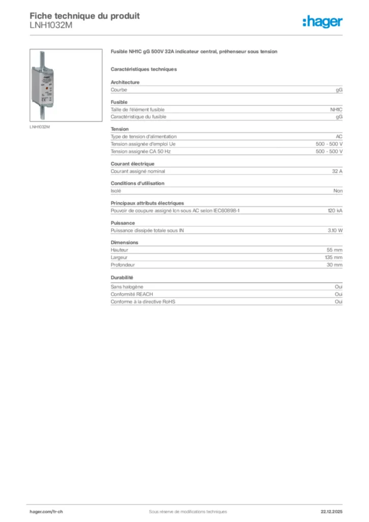 Image Hager Fiche technique du produit LNH1032M | Hager Suisse