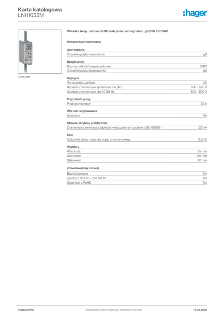 Zdjęcie Hager Karta katalogowa LNH1032M | Hager Polska