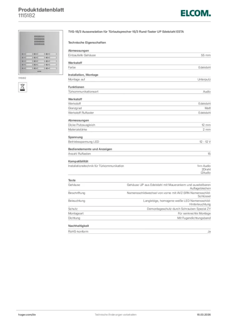 Bild Elcom Produktdatenblatt 1115182 | Hager Deutschland