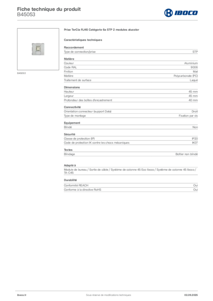 Image Iboco Fiche technique du produit B45053 | Hager France