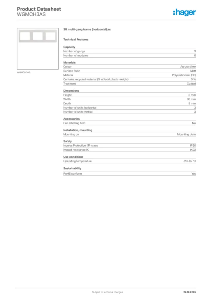 Image Hager Product data sheet WGMCH3AS  | Hager Africa