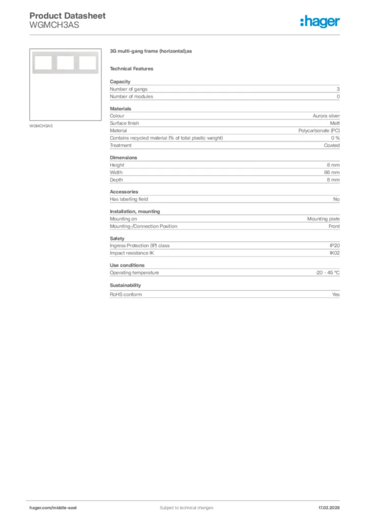 Image Hager Product data sheet WGMCH3AS  | Hager