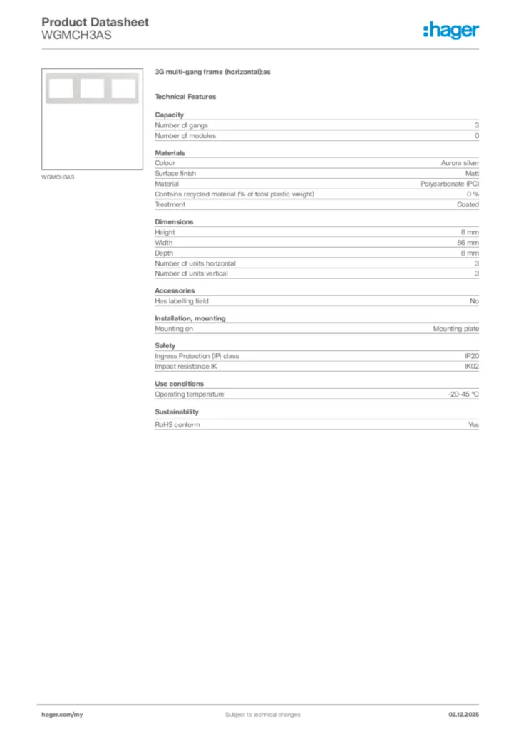Image Hager Product data sheet WGMCH3AS  | Hager