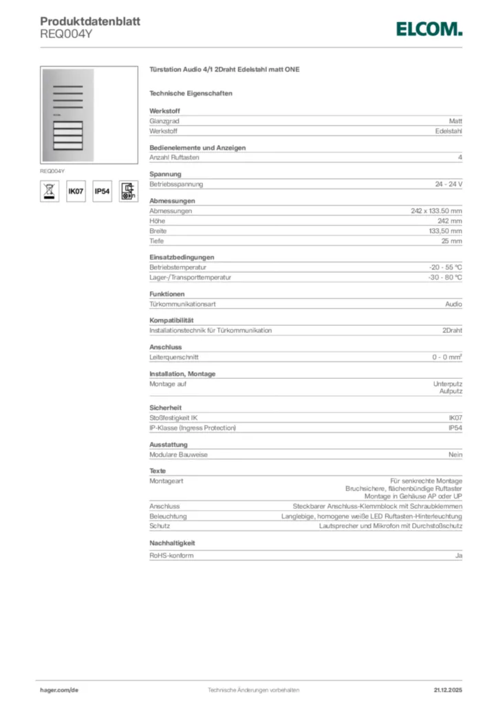 Bild Elcom Produktdatenblatt REQ004Y | Hager Deutschland