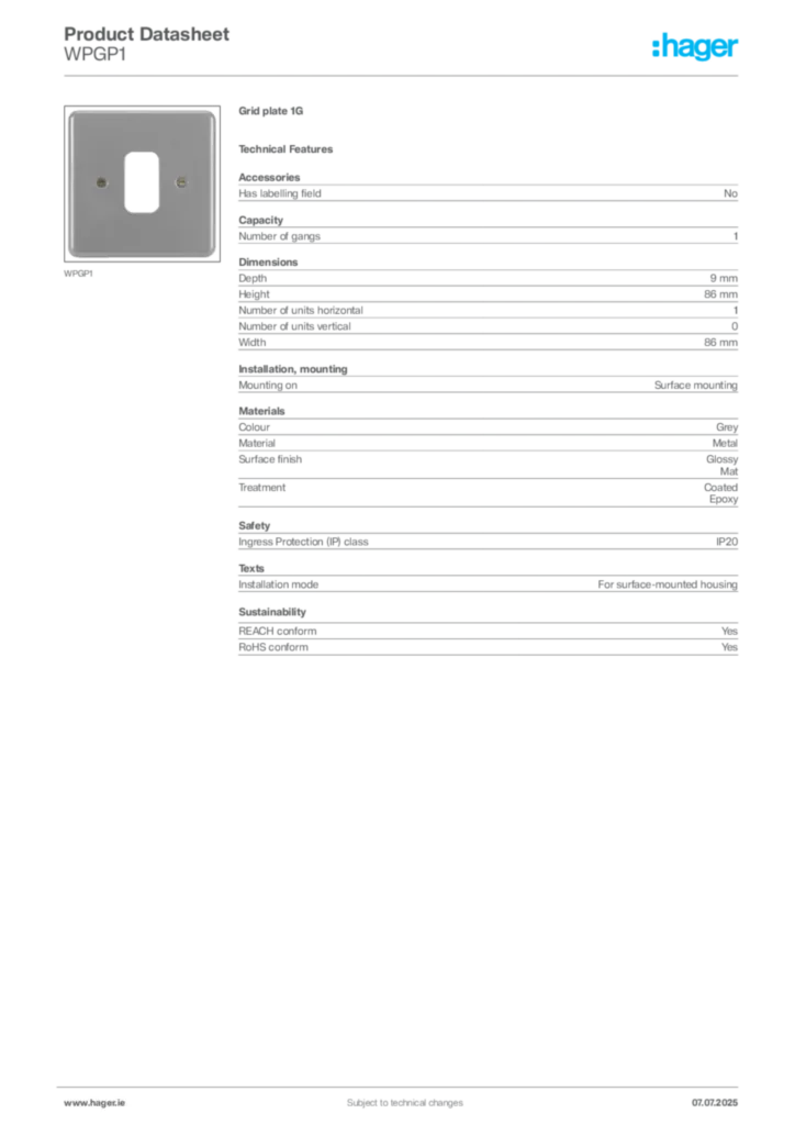 Image Hager Product data sheet WPGP1  | Hager