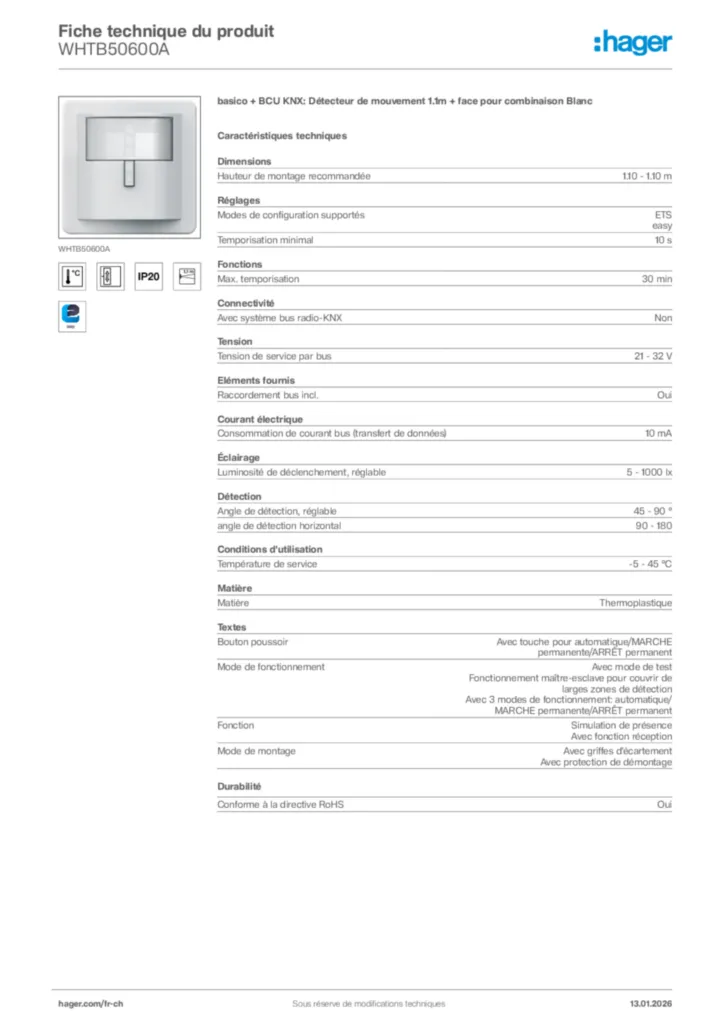 Image Hager Fiche technique du produit WHTB50600A | Hager Suisse