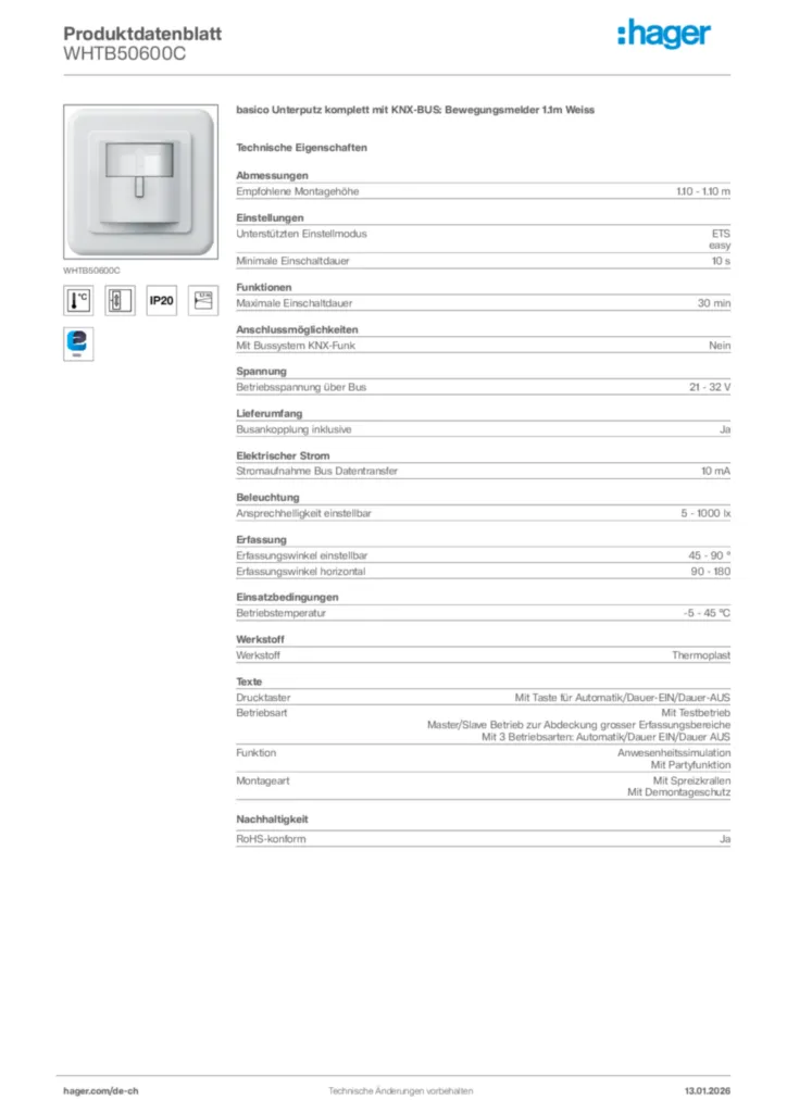 Bild Hager Produktdatenblatt WHTB50600C | Hager Schweiz