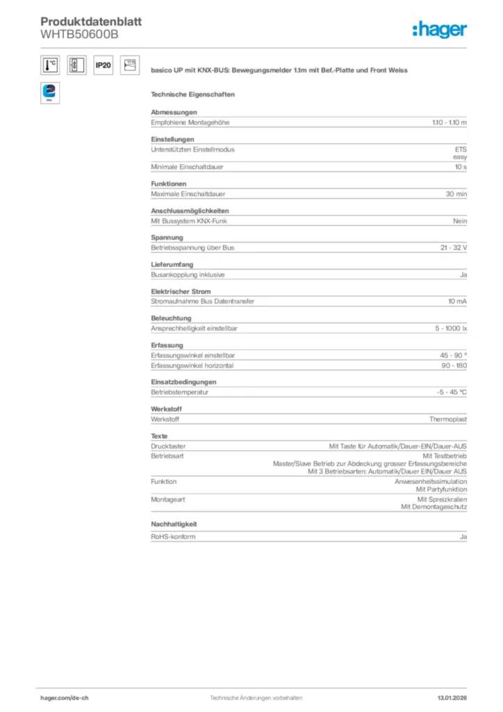 Bild Hager Produktdatenblatt WHTB50600B | Hager Schweiz