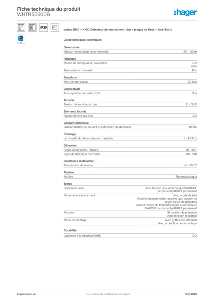 Image Hager Fiche technique du produit WHTB50600B | Hager Suisse