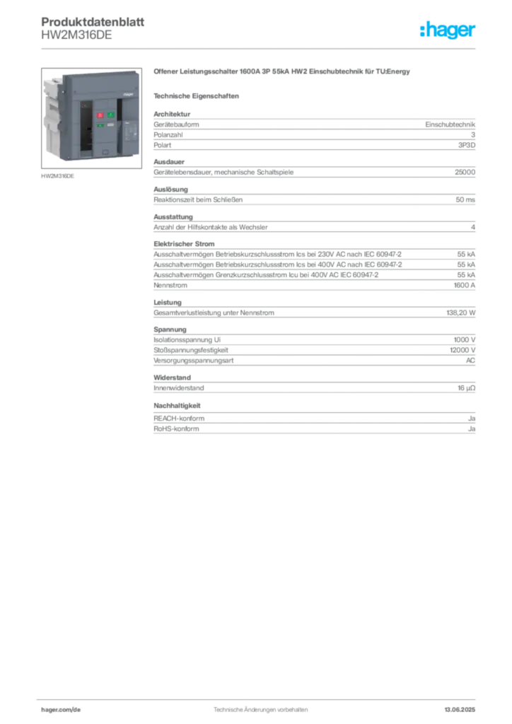 Bild Hager Produktdatenblatt HW2M316DE | Hager Deutschland