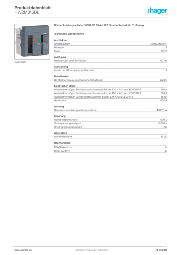 Bild Hager Produktdatenblatt HW2M316DE | Hager Schweiz