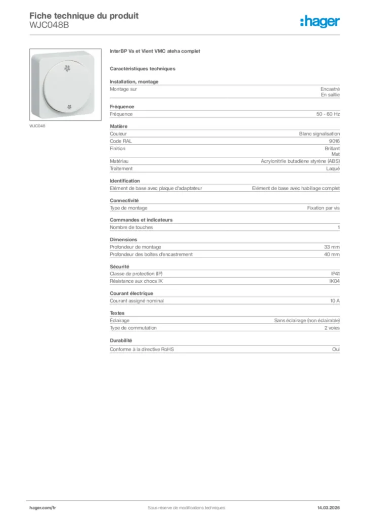 Image Hager Fiche technique du produit WJC048B | Hager France