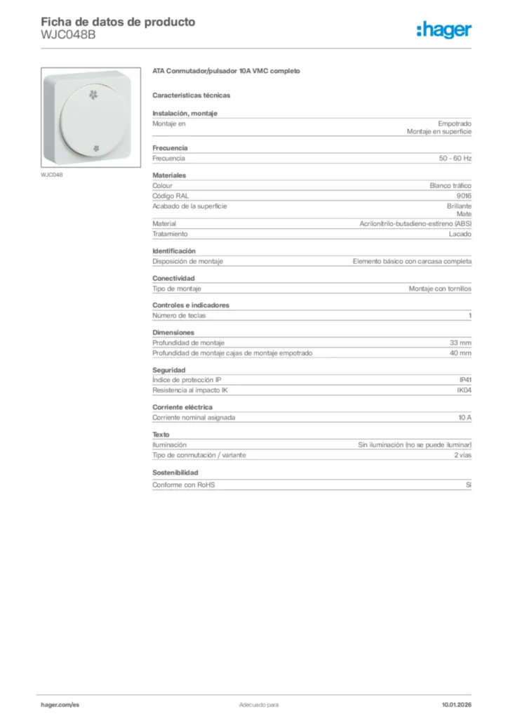 Imagen Hager Ficha de datos de producto WJC048B | Hager España