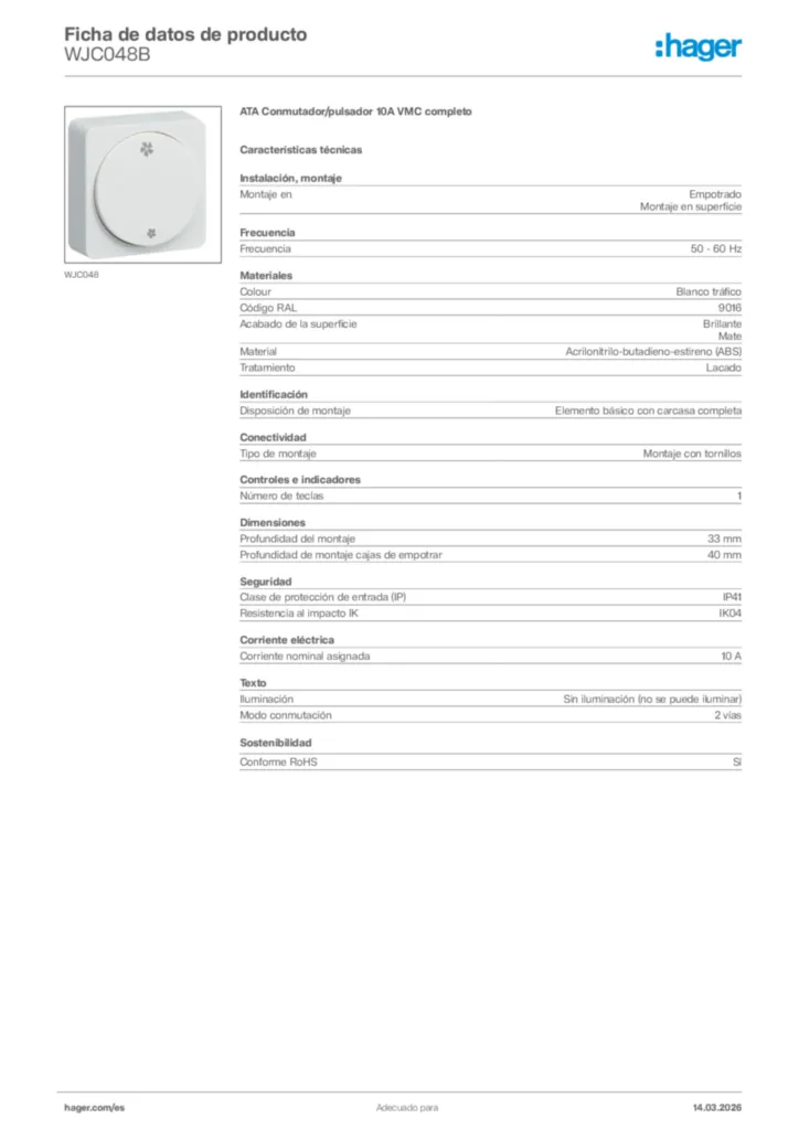 Imagen Hager Ficha de datos de producto WJC048B | Hager España