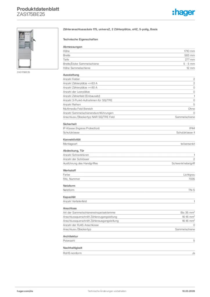 Bild Hager Produktdatenblatt ZAS175BE25 | Hager Deutschland
