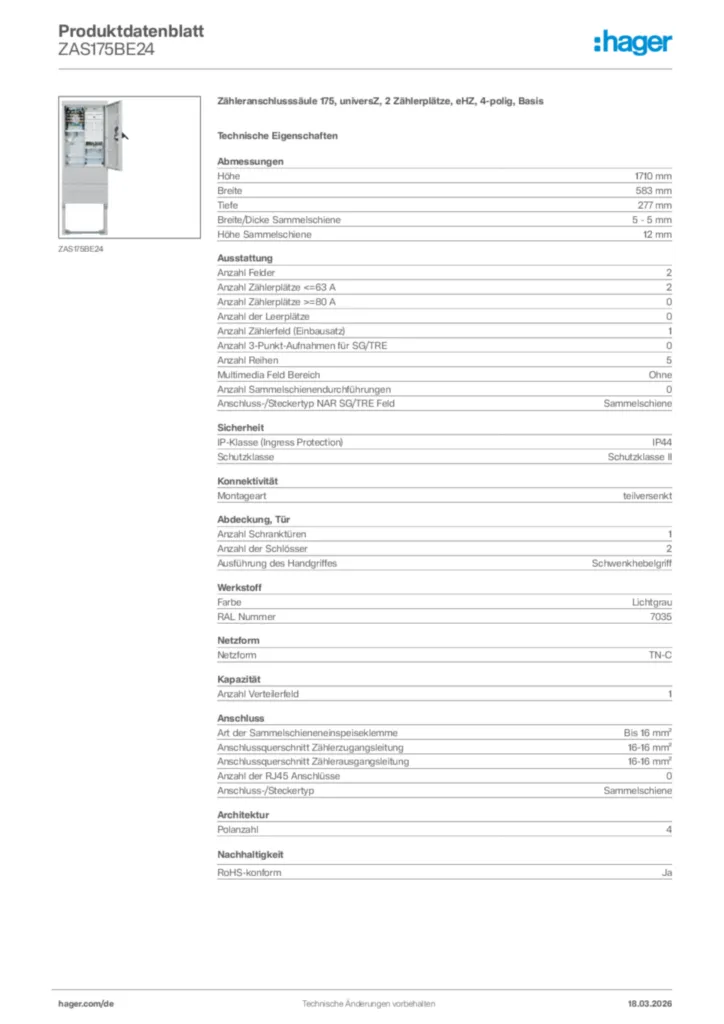 Bild Hager Produktdatenblatt ZAS175BE24 | Hager Deutschland
