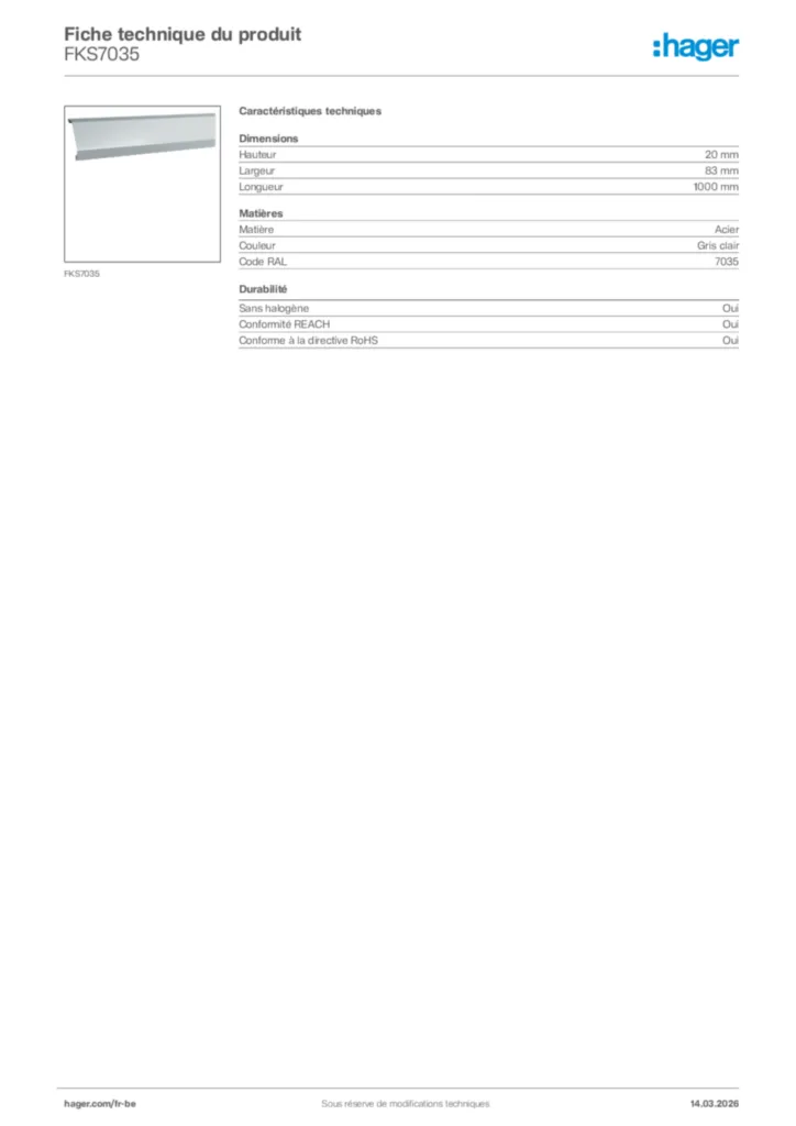 Image Hager Fiche technique du produit FKS7035 | Hager Belgique