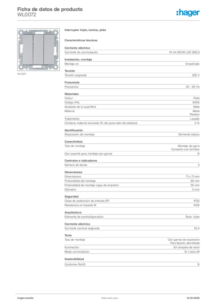 Imagen Hager Ficha de datos de producto WL0072 | Hager España