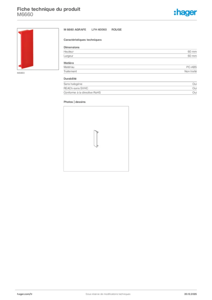 Image Hager Fiche technique du produit M6660 | Hager France