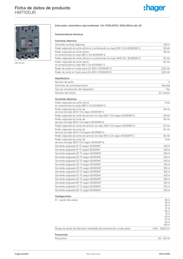 Imagen Hager Ficha de datos de producto HMT100JR | Hager España