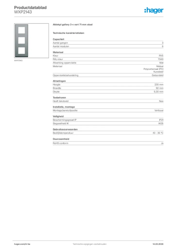 Afbeelding Hager Productdatablad WXP2143 | Hager Belgium