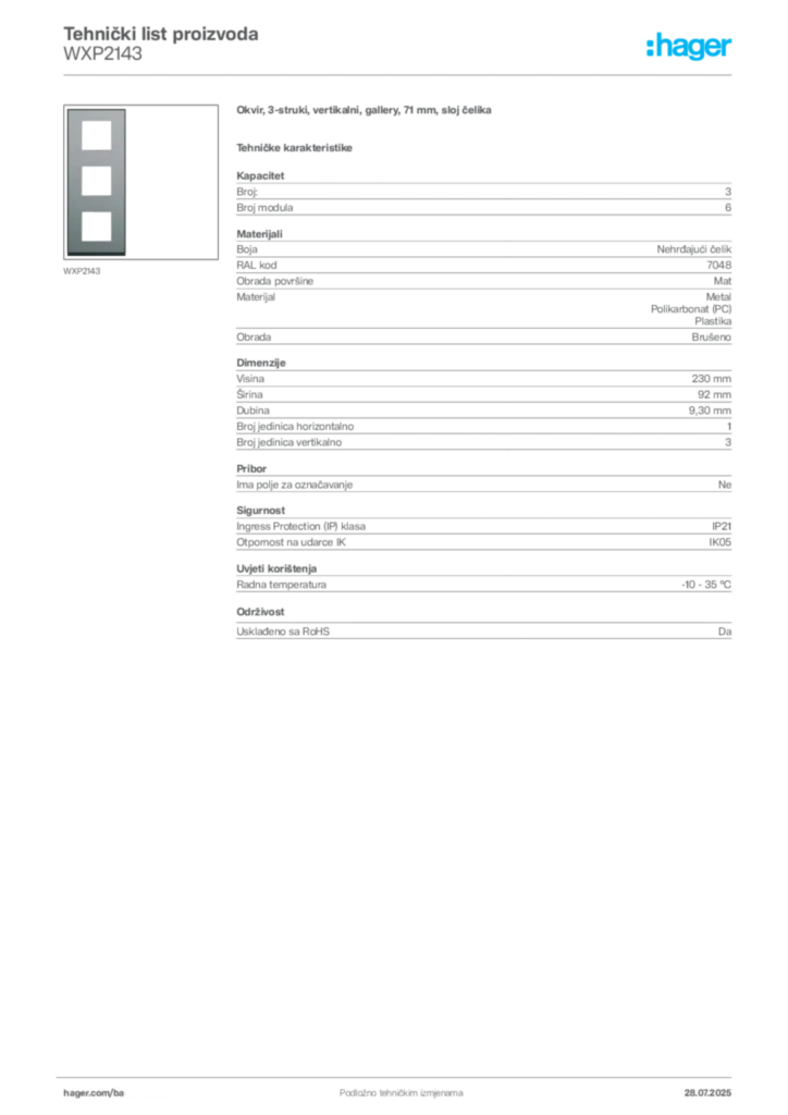 Slika Hager Product data sheet WXP2143  | Hager