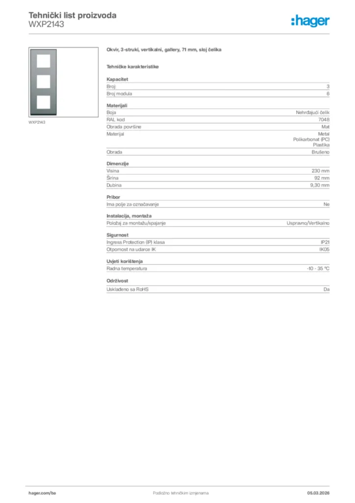Slika Hager Tehnički list proizvoda WXP2143  | Hager