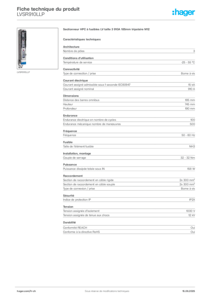 Image Hager Fiche technique du produit LVSR910LLP | Hager Suisse