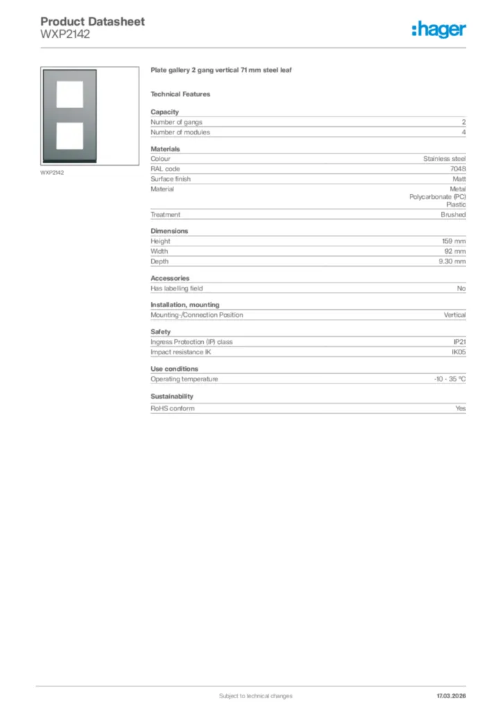 Image Hager Product data sheet WXP2142  | Hager Africa