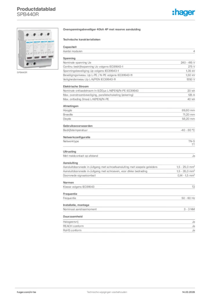 Afbeelding Hager Productdatablad SPB440R | Hager Belgium