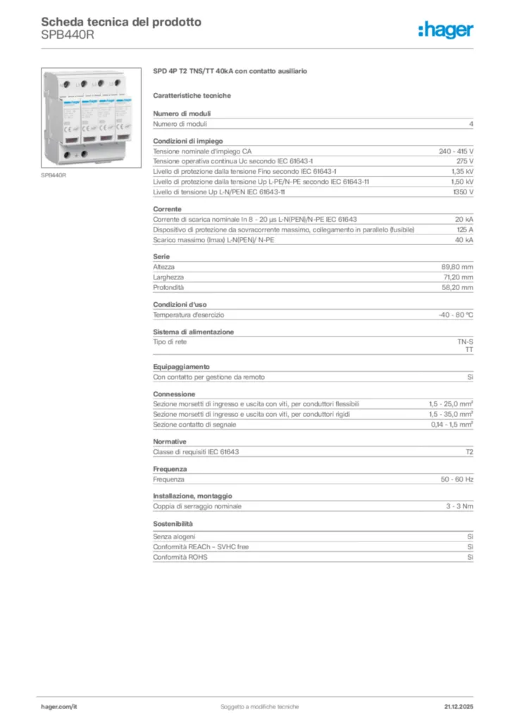 Immagine Hager Scheda tecnica del prodotto SPB440R | Hager Italia