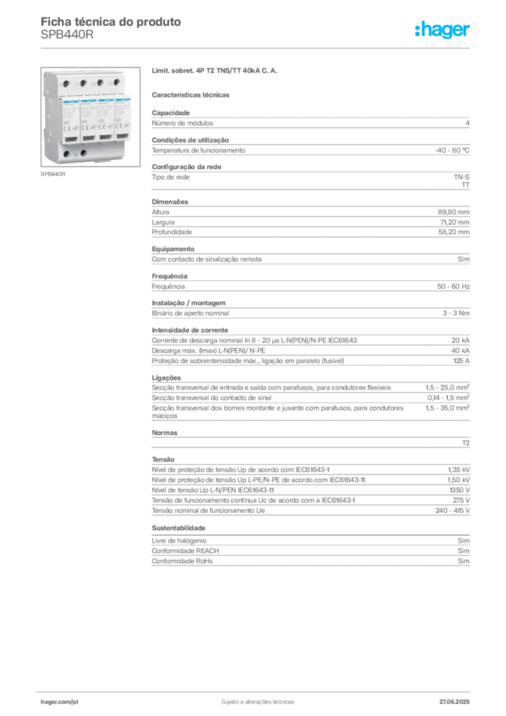 Imagem Hager Ficha técnica do produto SPB440R | Hager Portugal