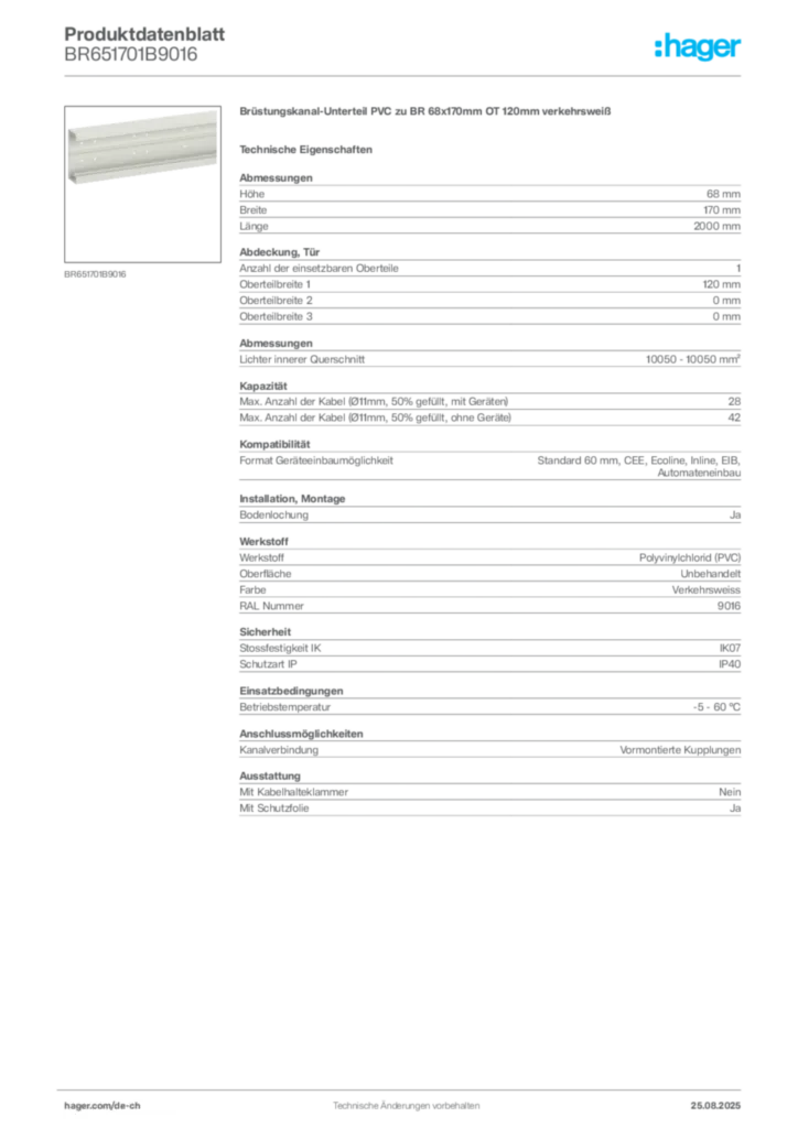 Bild Hager Produktdatenblatt BR651701B9016 | Hager Schweiz