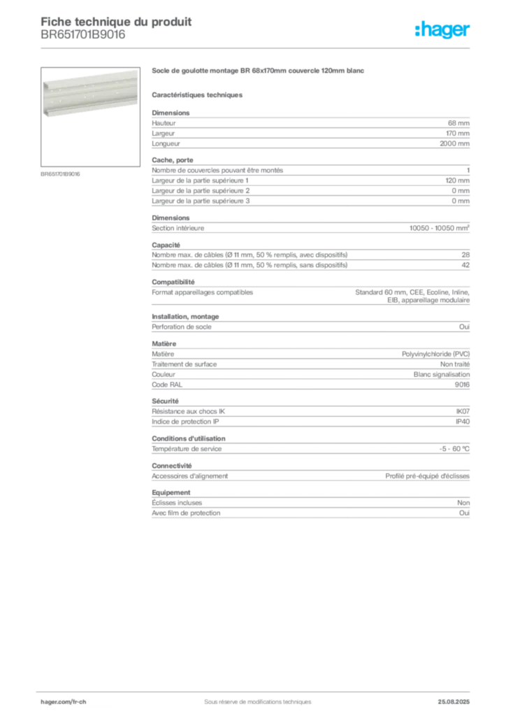 Image Hager Fiche technique du produit BR651701B9016 | Hager Suisse