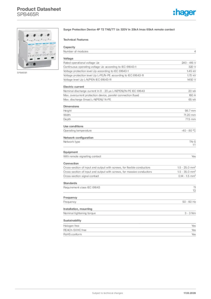 Image Hager Product data sheet SPB465R  | Hager Africa