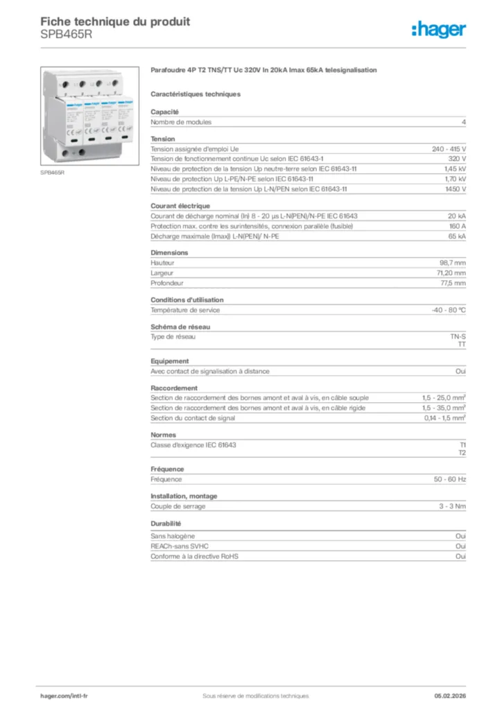 Image Hager Fiche technique du produit SPB465R | Hager Afrique