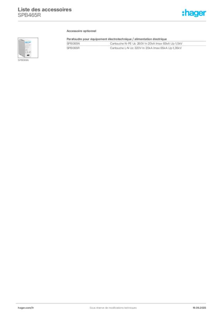 Image Hager Fiche technique du produit SPB465R | Hager France