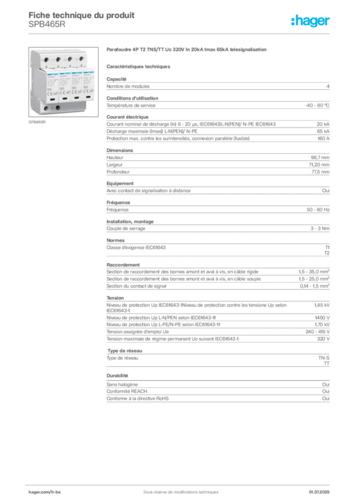 Image Hager Fiche technique du produit SPB465R | Hager Belgique